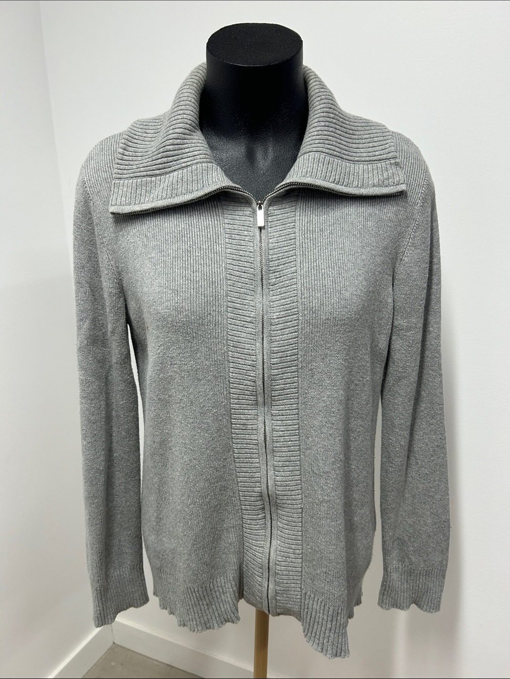 Liz Claiborne Heather Grey 100% Cotton Full Zip Cardigan Sweater
